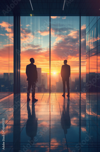 businessmen in a modern glass building in front of the horizon during sunset