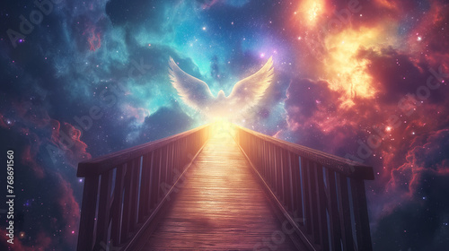 A shining white light in the shape of an angel stands on a bridge against a colorful bright starry cosmic background