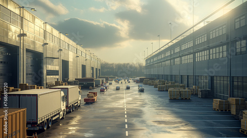 Large transportation warehouse indoors with boxes and pallets for logistics purposes