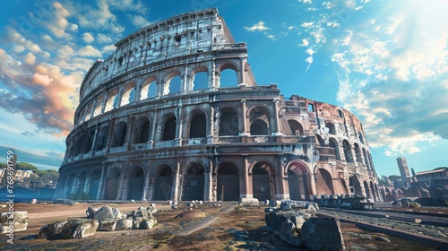 The Colosseum's grandeur on full display, its detailed arches shining in the noonday Roman sun