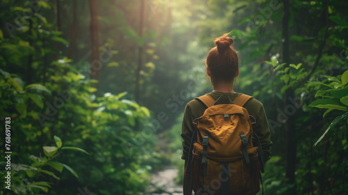 
A traveler standing at the edge of a lush forest, backpack slung over their shoulder, gazing out at a winding path disappearing into the trees photo