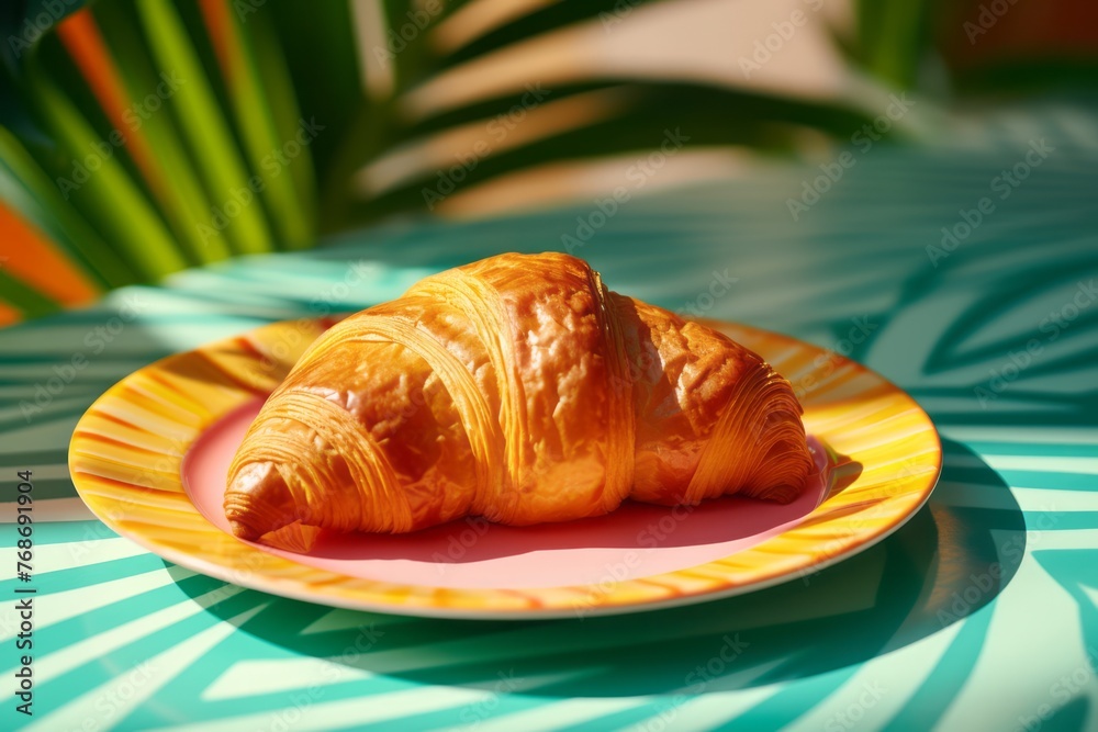 Juicy croissant on a palm leaf plate against a colorful tile background