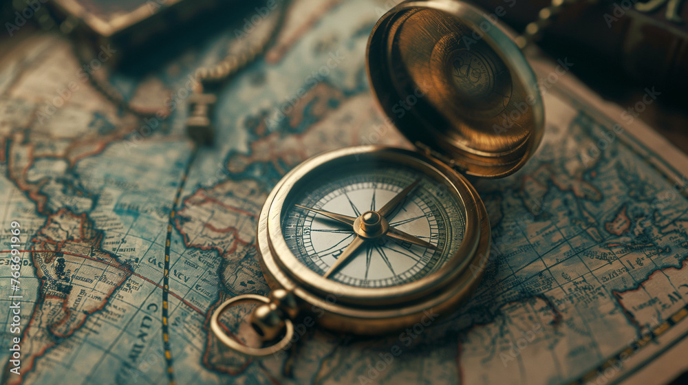 Retro ancient compass on world map