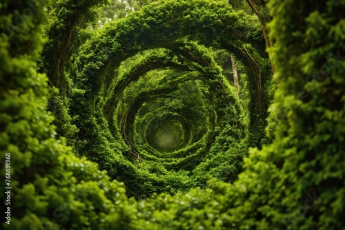 Plants and leaves in the tropical forest in a circle. Circle of tropical plants. Natural spiral of life from trees and bushes. Geometric shapes made of natural plants.