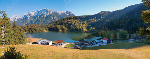 beautiful lake  Lautersee panorama  with Karwendel alps, view from hiking trail © SusaZoom