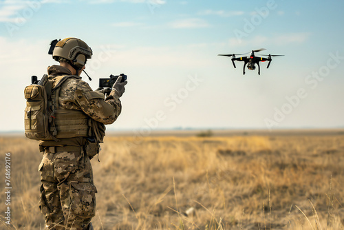 A soldier uses a drone for reconnaissance during a military operation