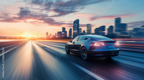 a modern electric car speeding along a highway at dusk, captured with motion blur to convey a sense of swift