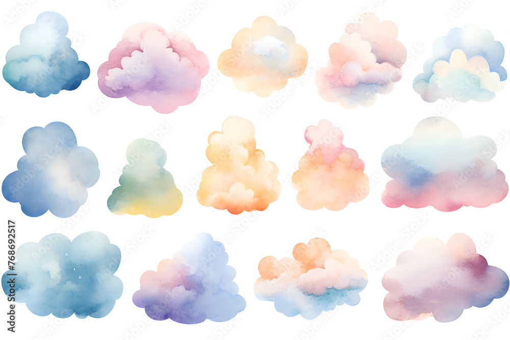 Watercolor pastel colors clouds illustrations collection isolated on white