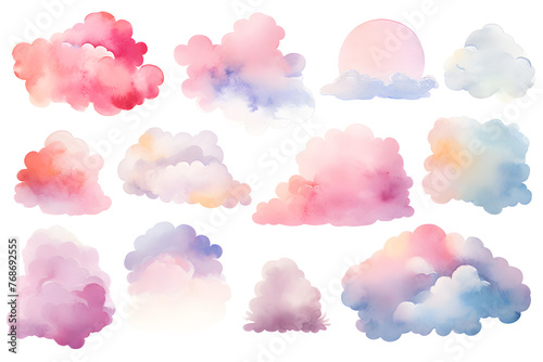 Watercolor pastel colors clouds illustrations collection isolated on white