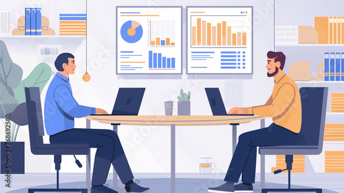  An insurance agent explaining policy options to a client, surrounded by charts and graphs illustrating coverage benefits and risks