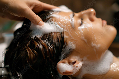 A beautician hand doing shampoo on the customer hair full ultra hd, high resolution