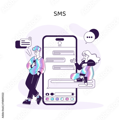 Characters interacting with SMS on a smartphone, symbolizing instant text-based communication