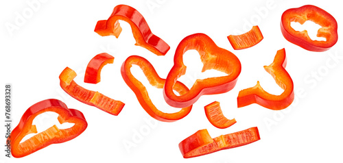 Foto Sweet bell pepper slices, chopped paprika isolated on white background