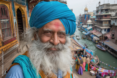 The turbaned guru. A man with a blue turban stands peacefully in front of a flowing river, embodying the serenity and wisdom of a spiritual master photo