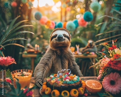 Birthday party setup in jungle, sloth colorful decorations, golden hour, wide shotclose up photo