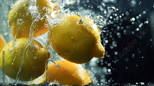 A bunch of ripe lemon, with water droplets, falling into a deep black water tank, creating a colorful contrast and intricate splash patterns.  underwater photography