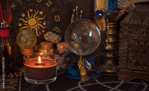 Magical scene, esoteric concept, fortune telling, tarot cards on a table 