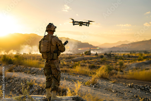 A soldier uses a drone for reconnaissance during a military operation