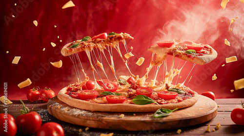 A pizza with cheese and tomatoes is being pulled apart, food leviation photo