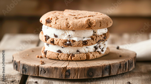 A cookie sandwich with ice cream and chocolate chips