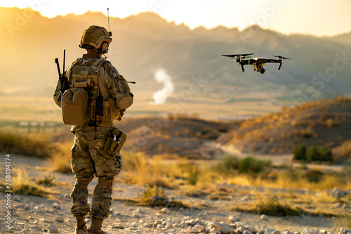 A soldier uses a drone for reconnaissance during a military operation