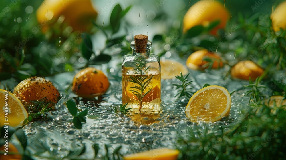 Aromatherapy concept. Herbs, citrus fruits and bottles of essential oil on natural green background. Natural health and wellness concept. Generative ai Aromatherapy concept. Herbs, citrus fruits and bottles of essential oil on natural green background. Natural health and wellness concept. Generative ai
