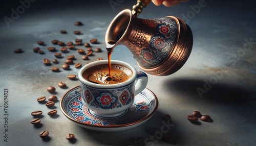 Traditional Turkish Coffee Pouring into Decorative Cup