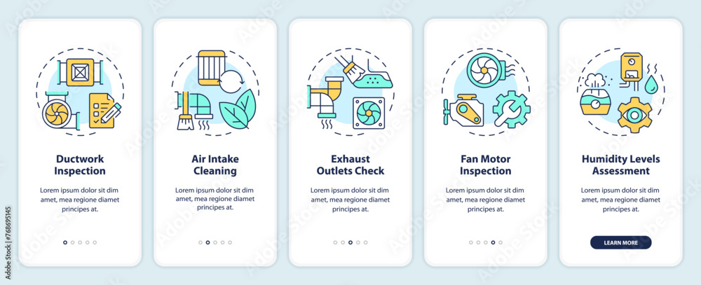 Ventilation inspection onboarding mobile app screen. HVAC walkthrough 5 steps editable graphic instructions with linear concepts. UI, UX, GUI template. Myriad Pro-Bold, Regular fonts used