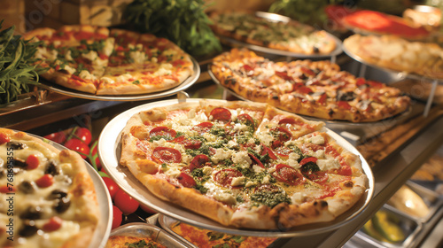 A variety of pizzas are displayed on a counter, including one with olives