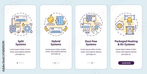 Types of HVAC systems onboarding mobile app screen. Walkthrough 4 steps editable graphic instructions with linear concepts. UI, UX, GUI template. Myriad Pro-Bold, Regular fonts used
