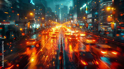 流れる車と輝くライト、オレンジのテールランプ、ぼやけたモーションエフェクト、未来的な都市景観、背景、壁紙 photo