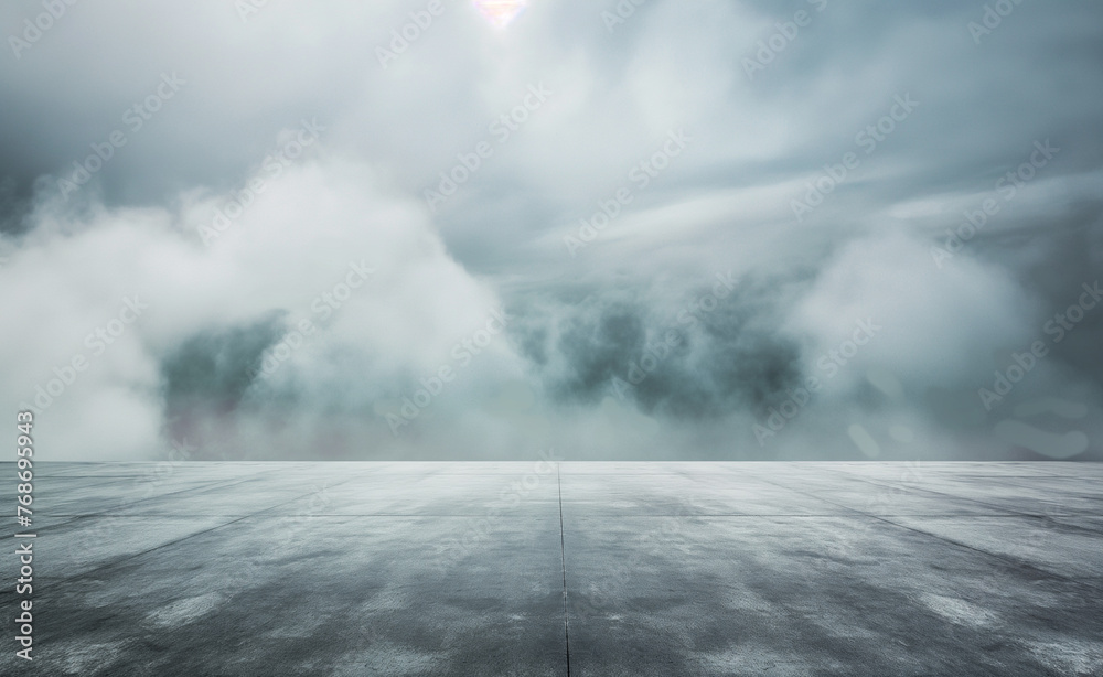 Foggy Horizon: Abstract Landing Page with Concrete Ground and Clouds