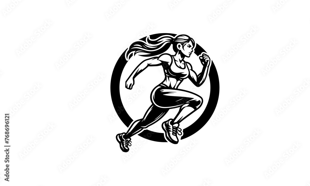 Woman running mascot character  logo icon,Woman  running black and white logo icon 3