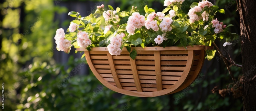 A light brown wooden wall basket is suspended from a tree branch, overflowing with a variety of colorful flowers. The vibrant blooms contrast against the green leaves, creating a lively and refreshing