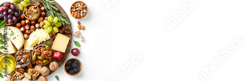 Top view of a gourmet fancy charcuterie board isolated on panoramic white background, assortment of yummy food with cheese bites, nuts and fruits, antipasti and tapas snack party web banner