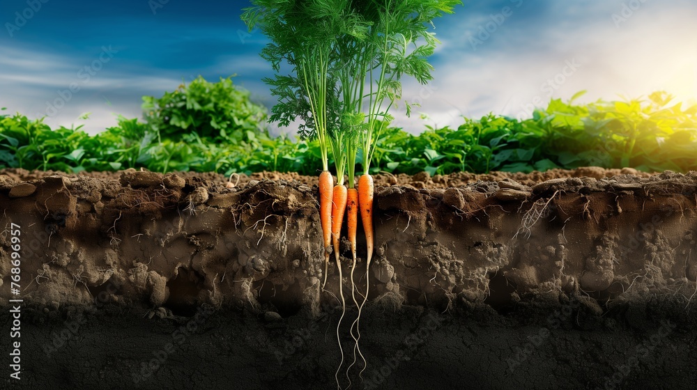 An illustrative cross-section view of fertile farmland showcasing regenerative agriculture practices with vibrant, healthy soil layers and robust carrots thriving underground. - obrazy, fototapety, plakaty 