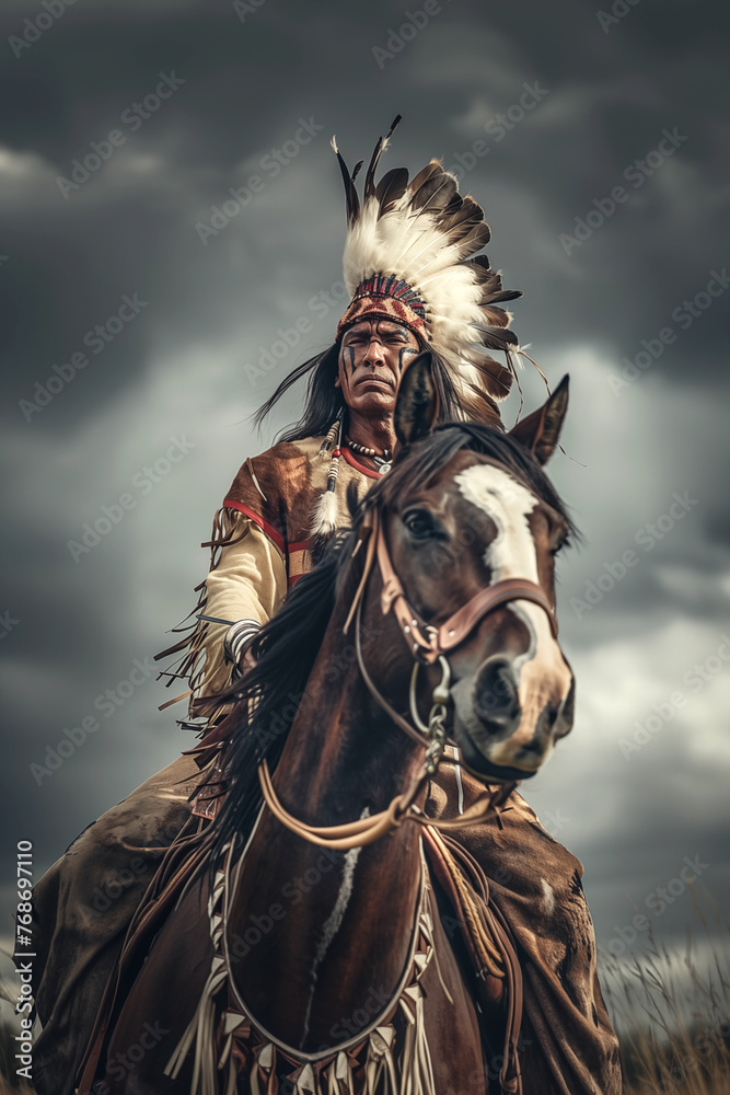 Native american warrior portrait, indian chief on his horse, dark ...