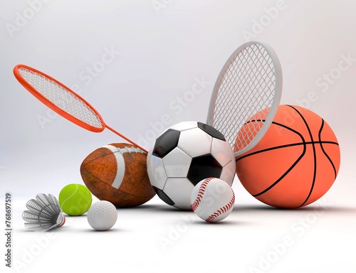 A collection of various sports equipment including a soccer ball, basketball, baseball, tennis racket, and golf ball. This image is perfect for illustrating a variety of sports or athletic concepts.