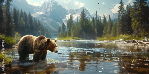 Grizzly Bear Fishing in Tranquil Mountain Stream Amid Lush Wilderness Landscape