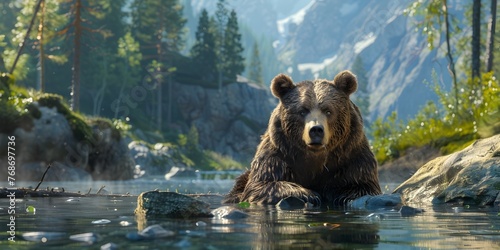 Majestic Bear Fishing in Mountain Stream Amid Stunning Wilderness Scenery photo