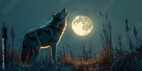 Majestic Wolf Howling Under Ethereal Moonlight in Enchanting Wilderness Landscape © Thares2020