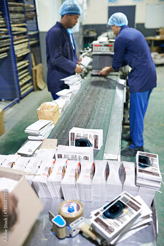 Tableau sur toile People, printing factory and paper production or manufacturing process for flyer, newspaper or publishing