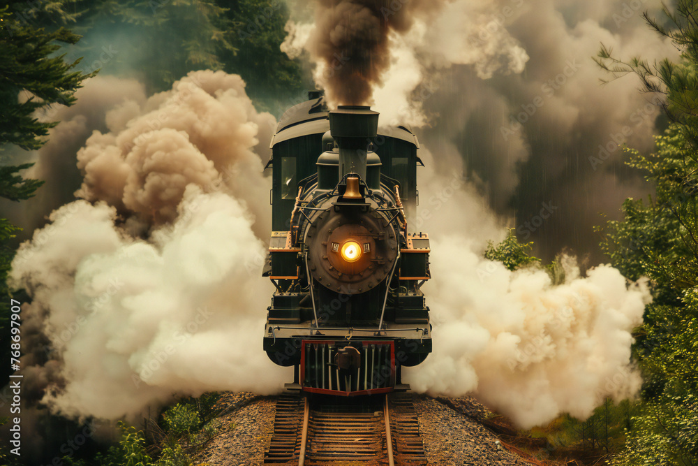 An antique steam-powered railroad train rushes down the tracks in smoke aerial - obrazy, fototapety, plakaty 