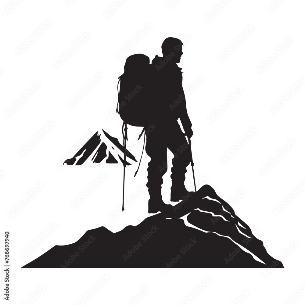 Solo hiker silhouette clipart on a white background Solo hiker silhouette clipart on a white background