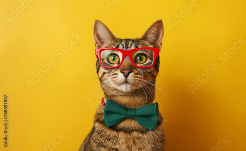 Feline Fashion: Cat Styling in Red Glasses and Green Bowtie © Curioso.Photography