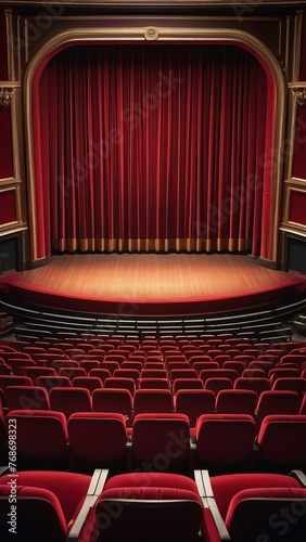 A red theater with a stage and red curtains