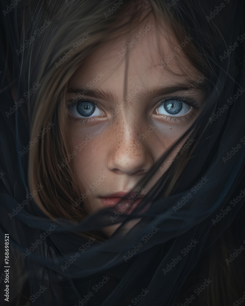 Captivating portrait of a girl with an intense gaze covered by flowing dark fabric Captivating portrait of a girl with an intense gaze covered by flowing dark fabric