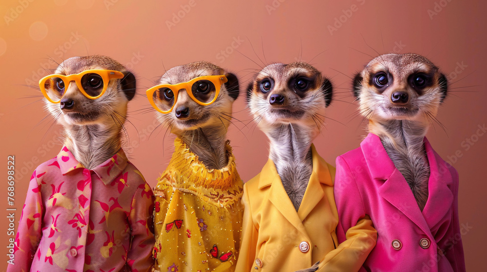 Group of meerkats in fashionable outfits and playful poses, against a solid background.