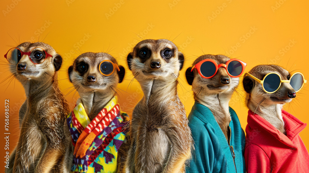 Group of meerkats in fashionable outfits and playful poses, against a solid background.