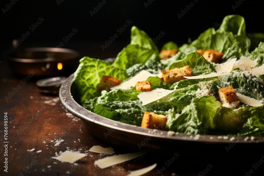 Juicy caesar salad on a metal tray against a rustic textured paper background Juicy caesar salad on a metal tray against a rustic textured paper background